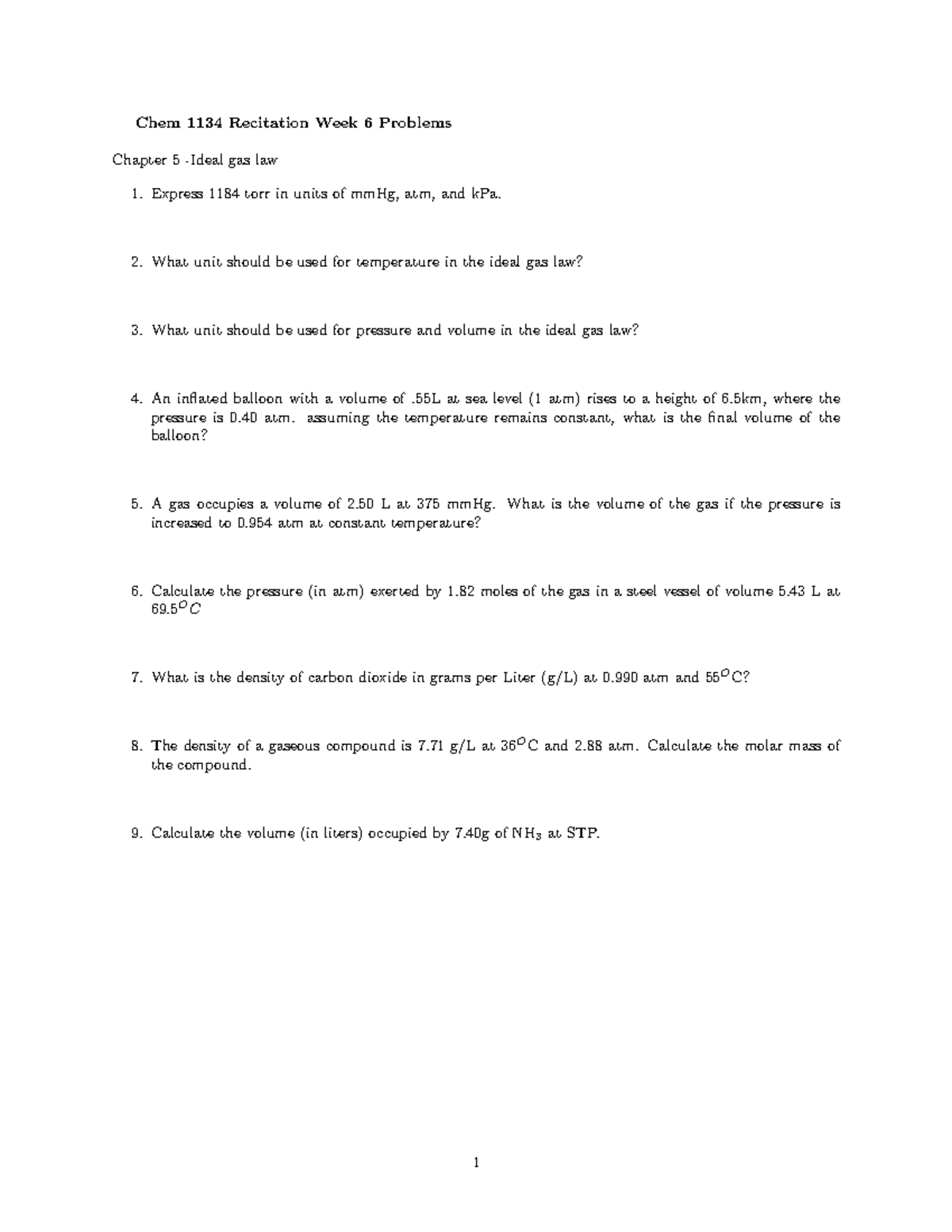 Chem 1134 Worksheet 8 - Gas Law Practice Problems - Studocu