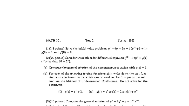 Math 391 - Test 2 - Past exam - MATH 391 Test 2 Spring, 2023 (1)(18 ...