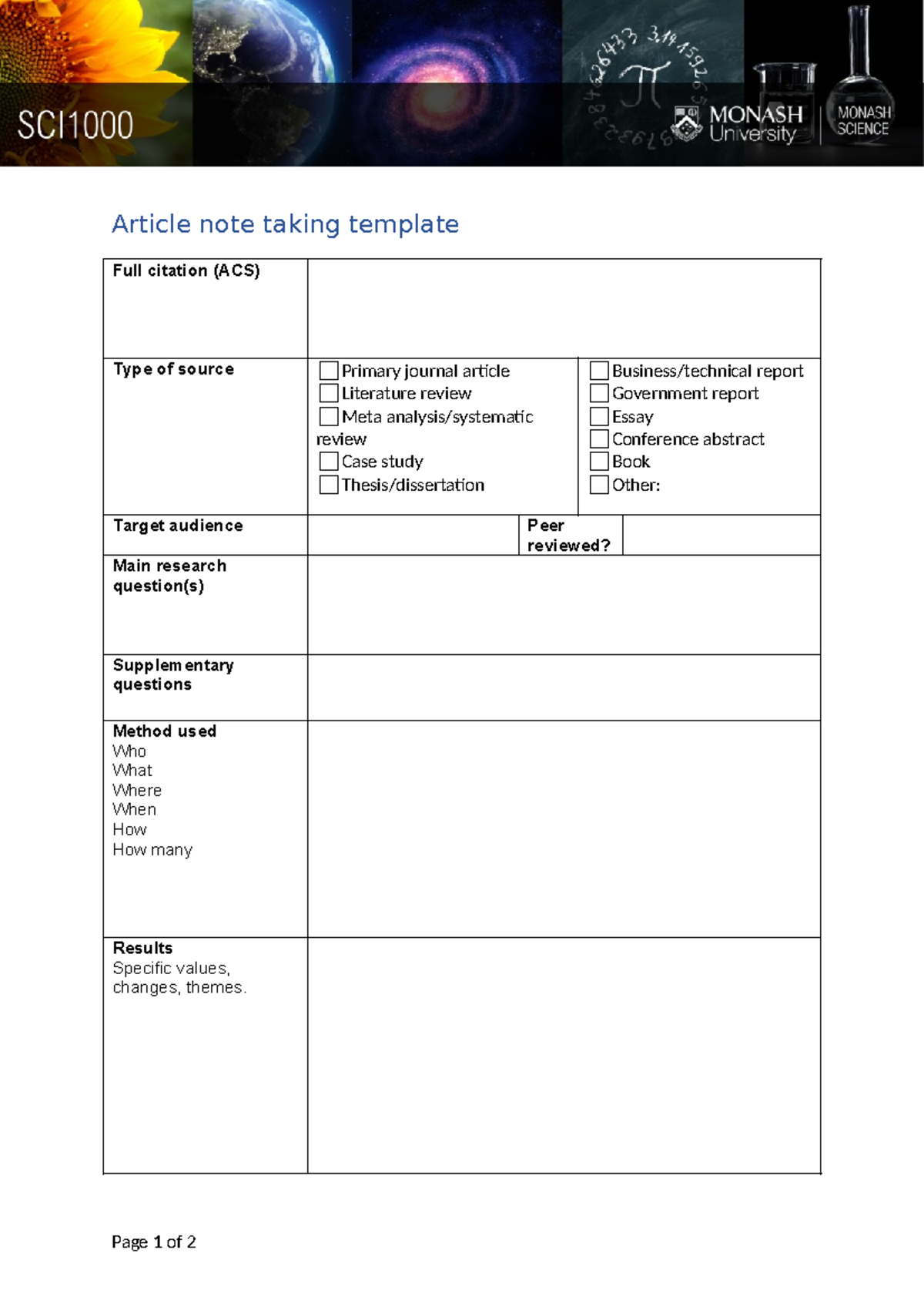 SCI1000 Article Note Taking Template - Article note taking template ...