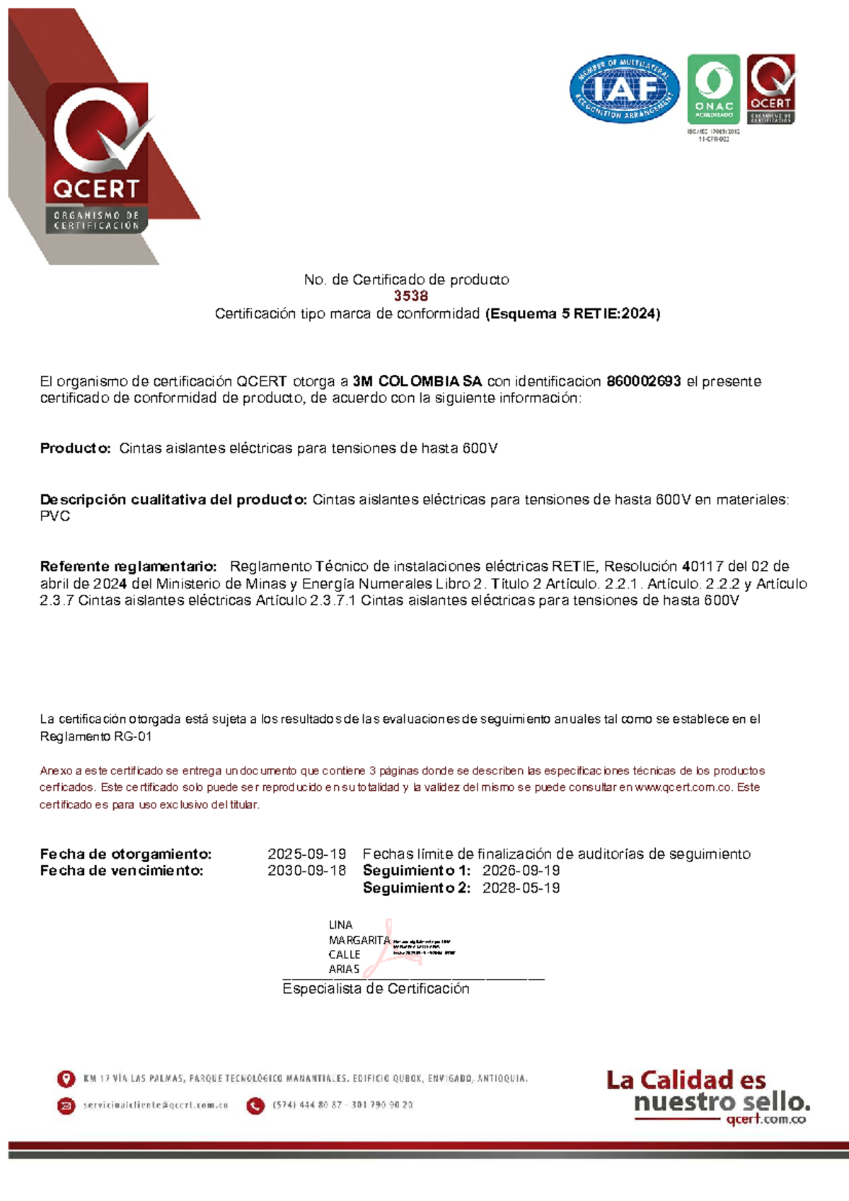 Certificado de Conformidad de Cinta Aislante 3M 3538 RETIE 2024 - Document Preview