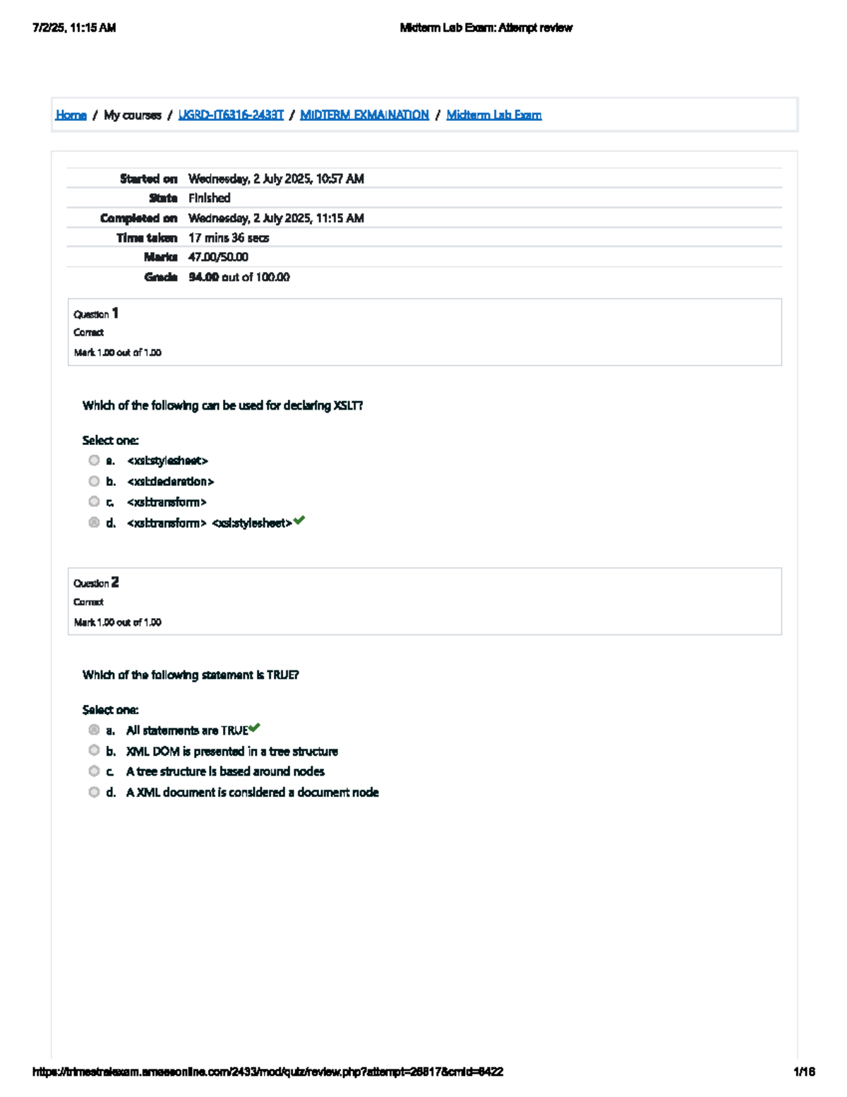 11:15 AM MIDTERM EXAMINATION: XML Lab Exam Attempt Review - Studocu