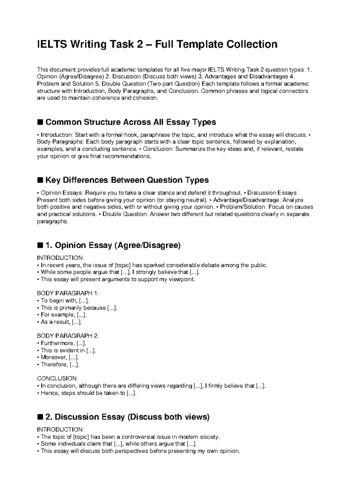 IELTS Writing Task 2: Comprehensive Template Collection - Studocu