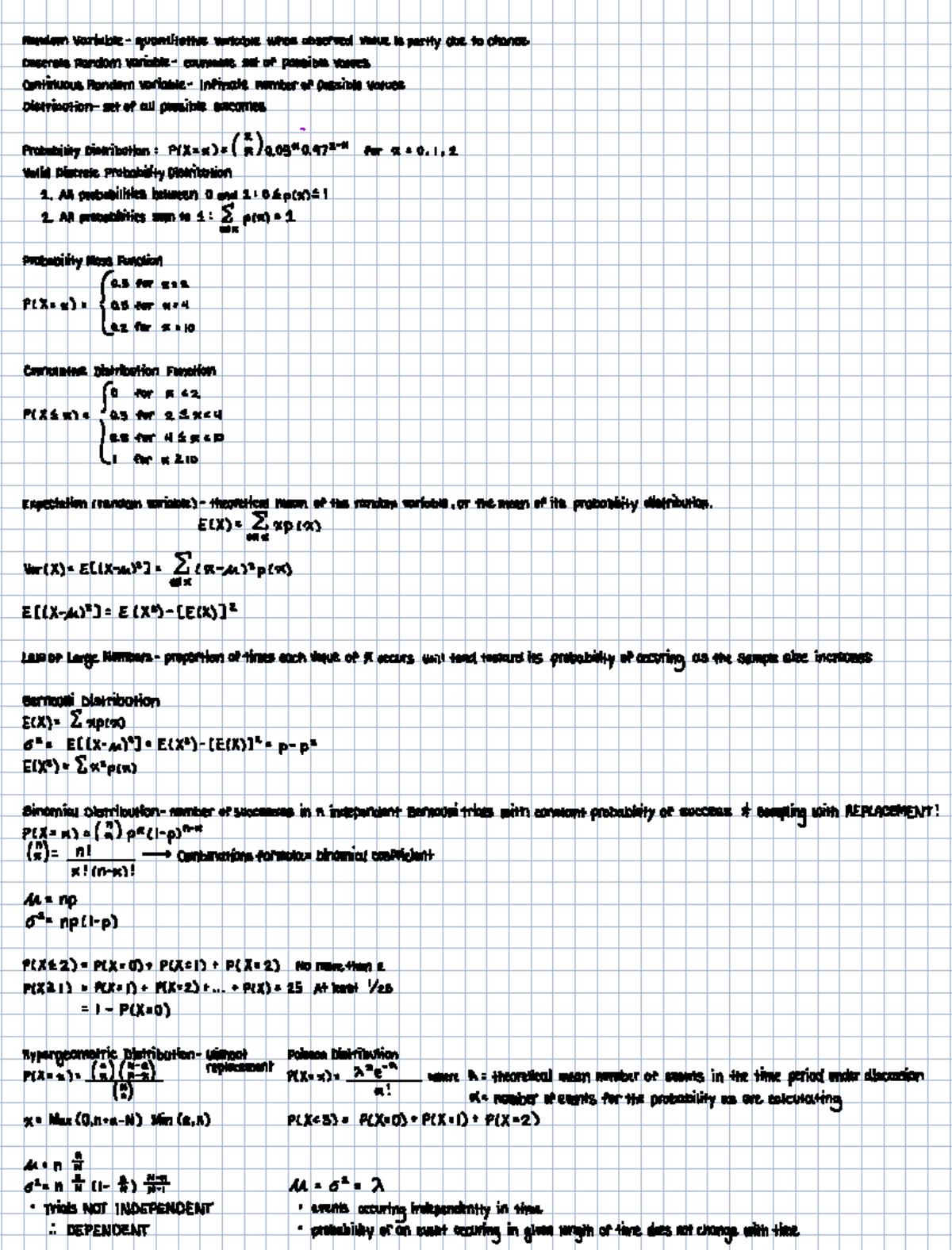Test 2 Cheat Sheet: Discrete & Continuous Random Variables - Studocu