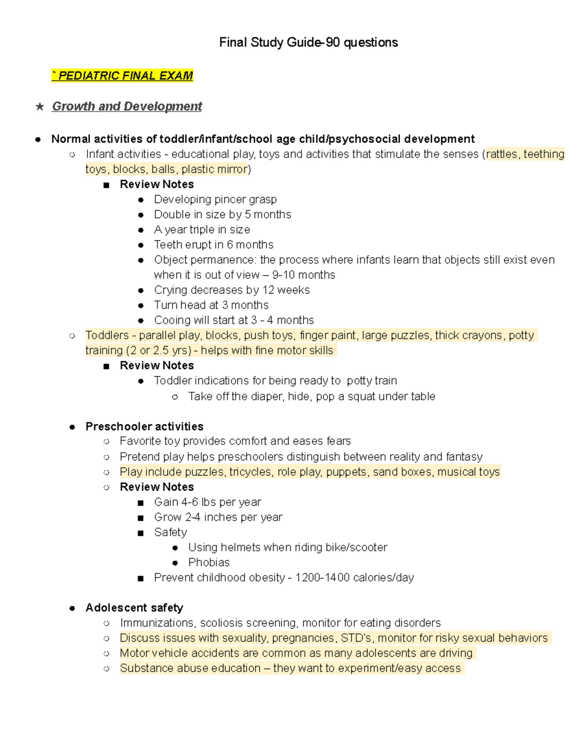 Peds 1 - Exam Review Questions with Key Concepts and Case Studies - Studocu