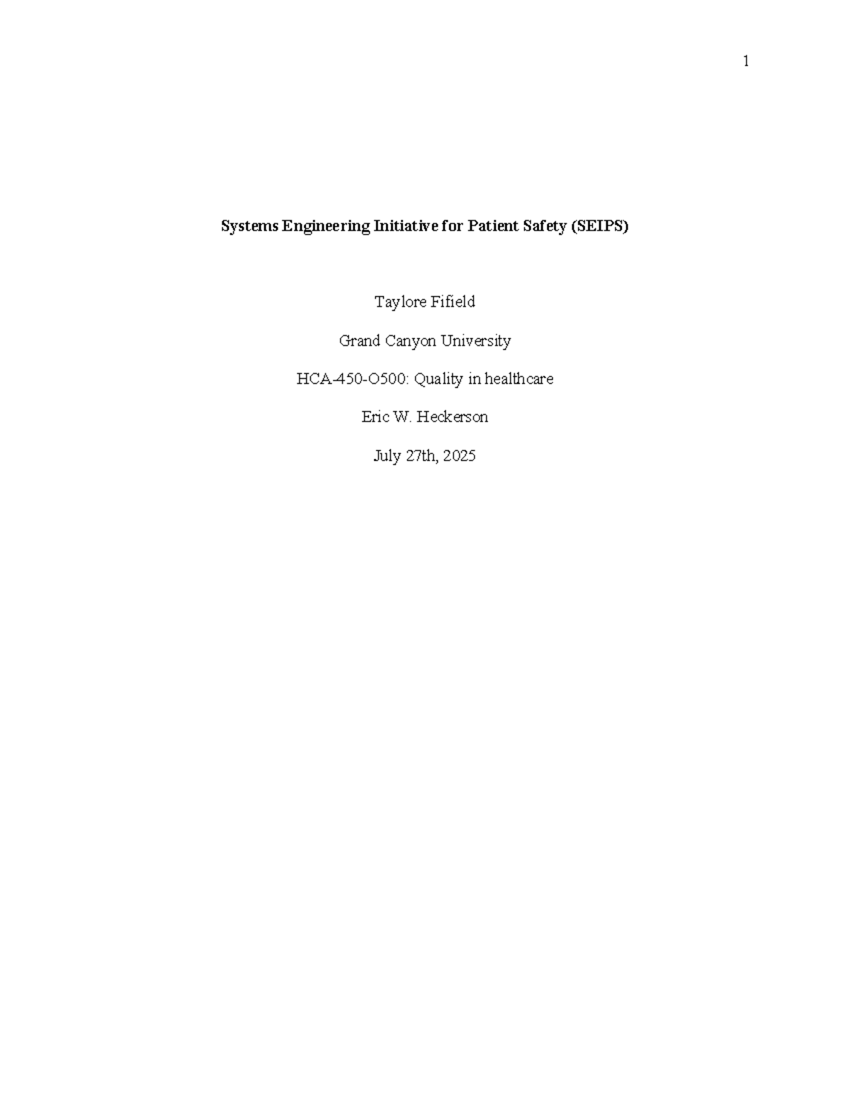 SEIPS Training Manual: Enhancing Patient Safety & Quality Improvement ...