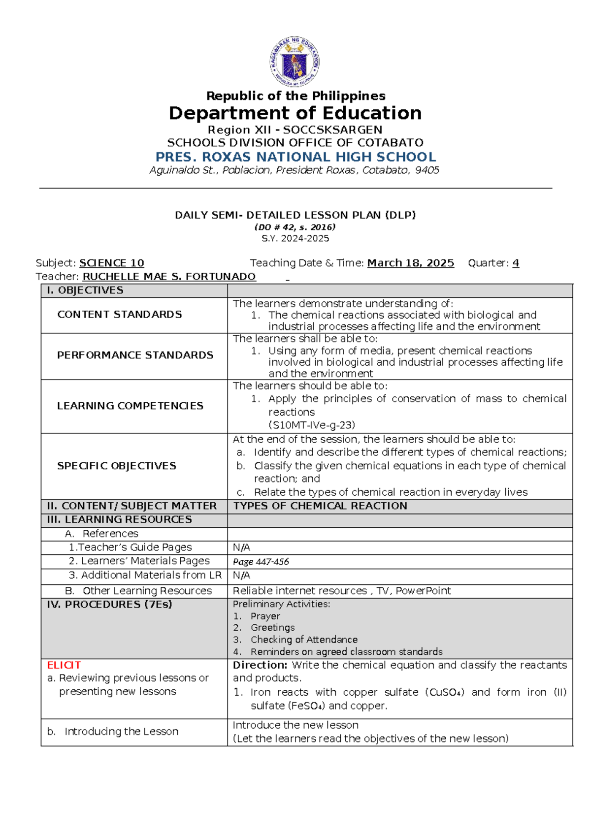Daily Lesson Plan (DLP) for Science 10: Types of Chemical Reactions ...
