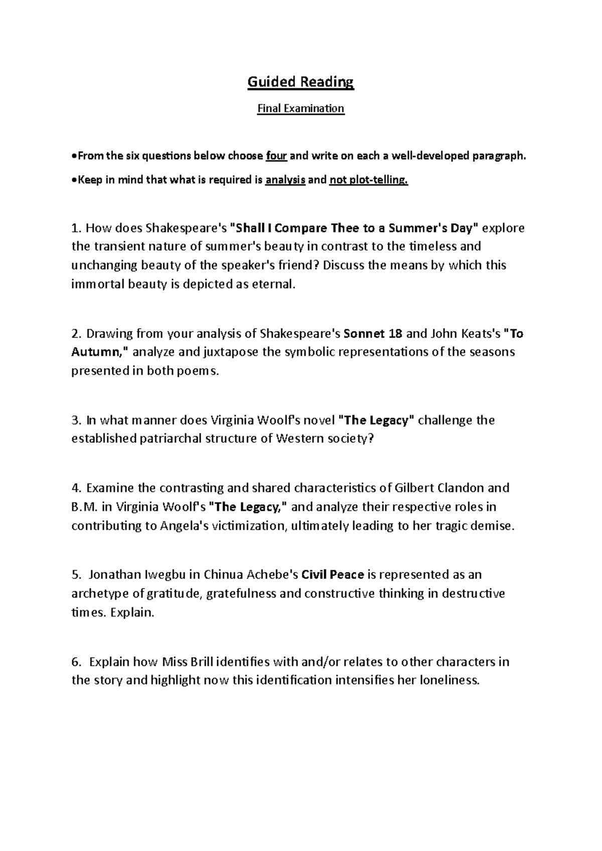 Final Exam - Guided Reading Analysis for Literature (ENG101) - Studocu