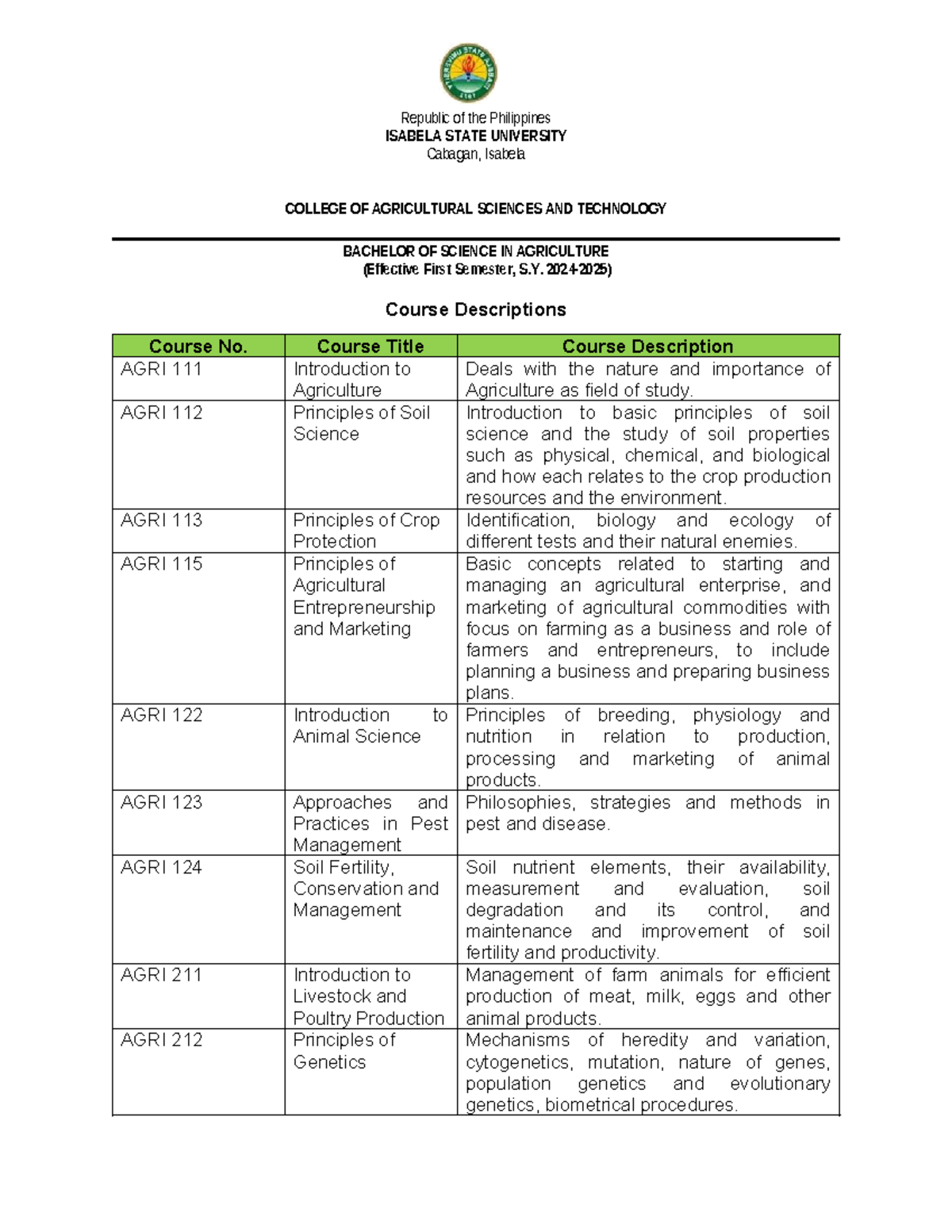 Course Descriptions for Bachelor of Science in Agriculture (AGRI) - Studocu