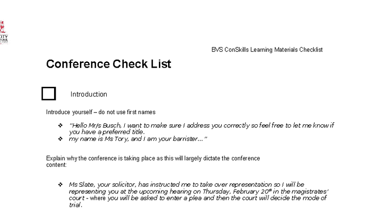 BVS 4255 Conference Preparation Checklist for Legal Representation ...