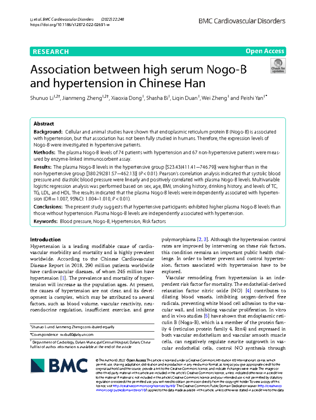 Association of Plasma Levels with Hypertension in Chinese Han (2022 ...