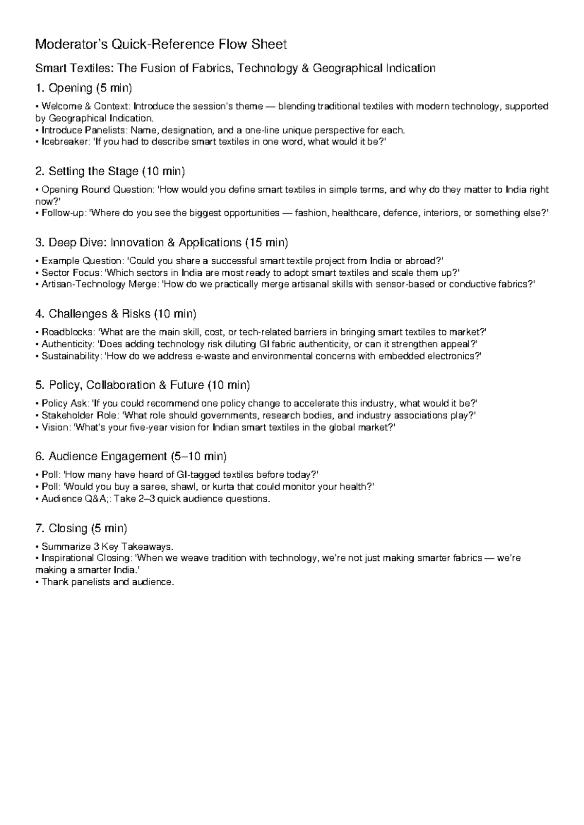 Moderator Flow Sheet: Smart Textiles & Tech Fusion (GI) - Studocu