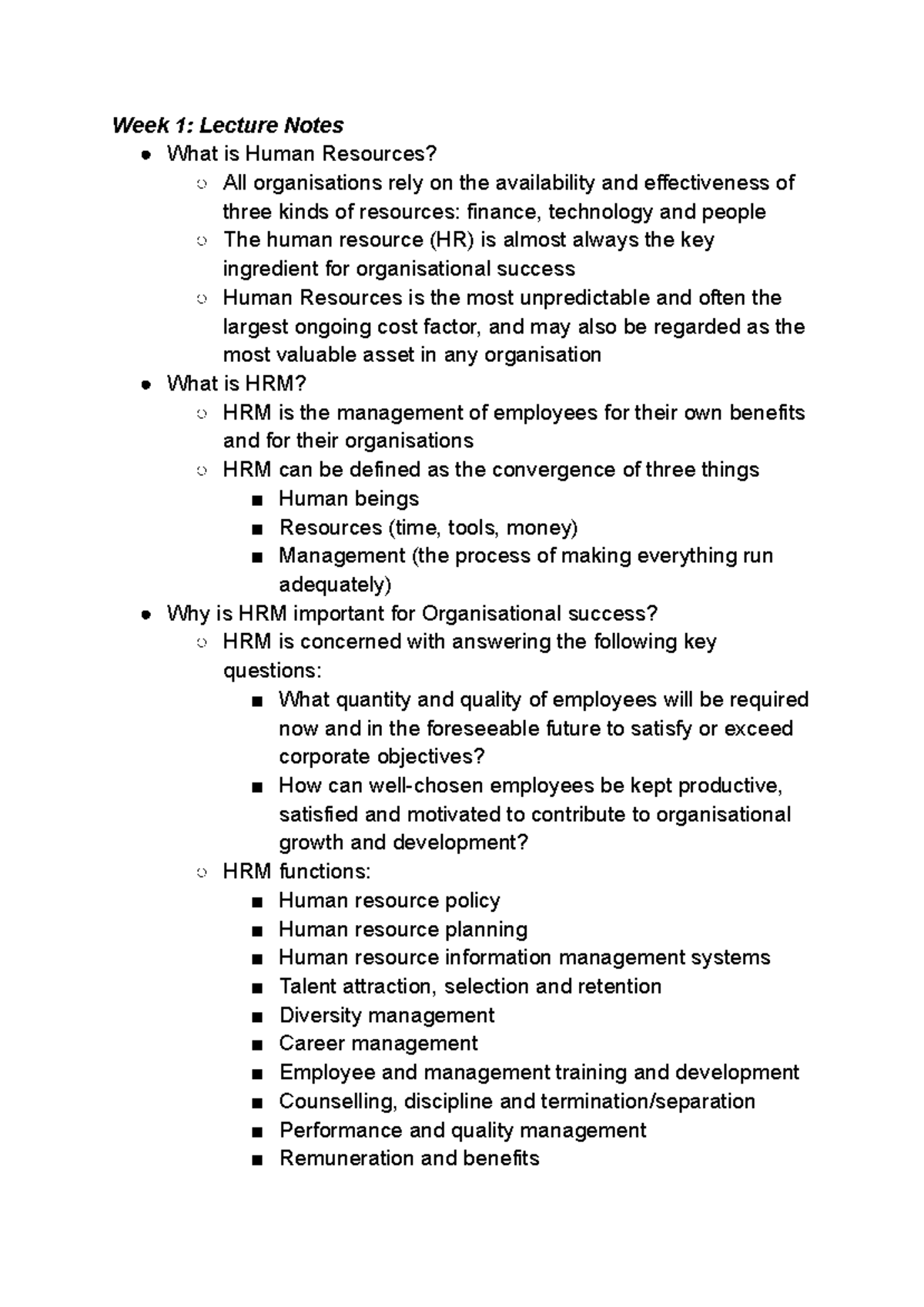 WORK2205 - Week 1 Lecture Notes on Human Resource Management - Studocu