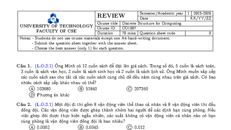 CO1007 Discrete Structures for Computing - Exam Question Sheet - Studocu