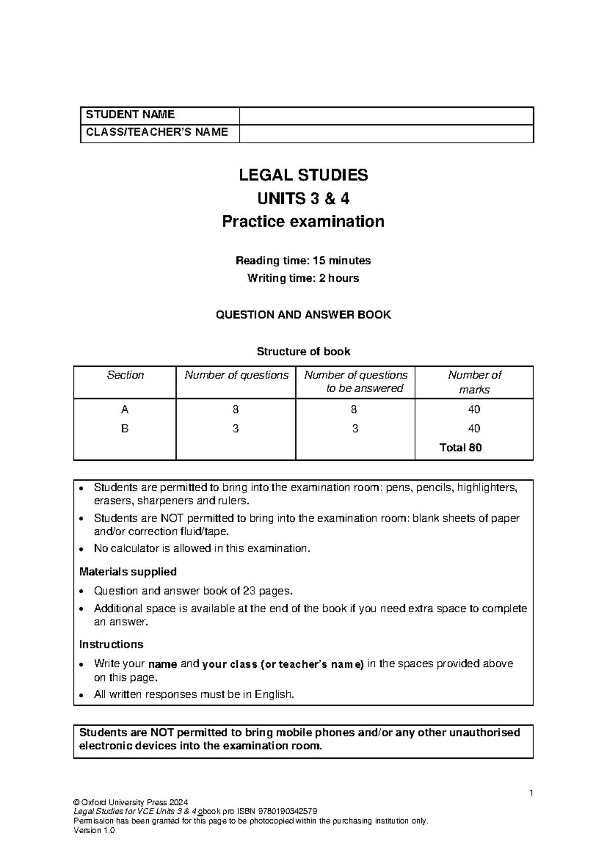 Legal Studies VCE Units 3 & 4 Practice Exam 2024: Questions & Answers ...
