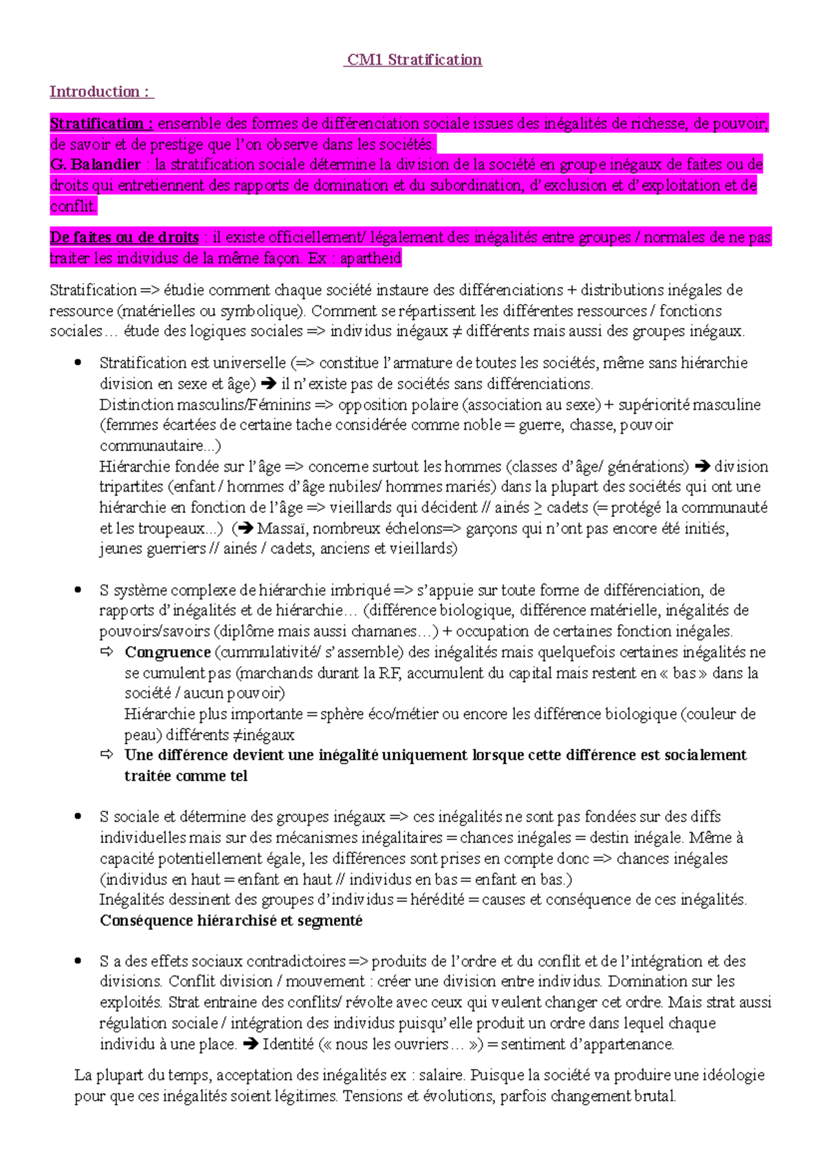CM 1 Stratification - Notes générales - CM1 Stratification Introduction ...