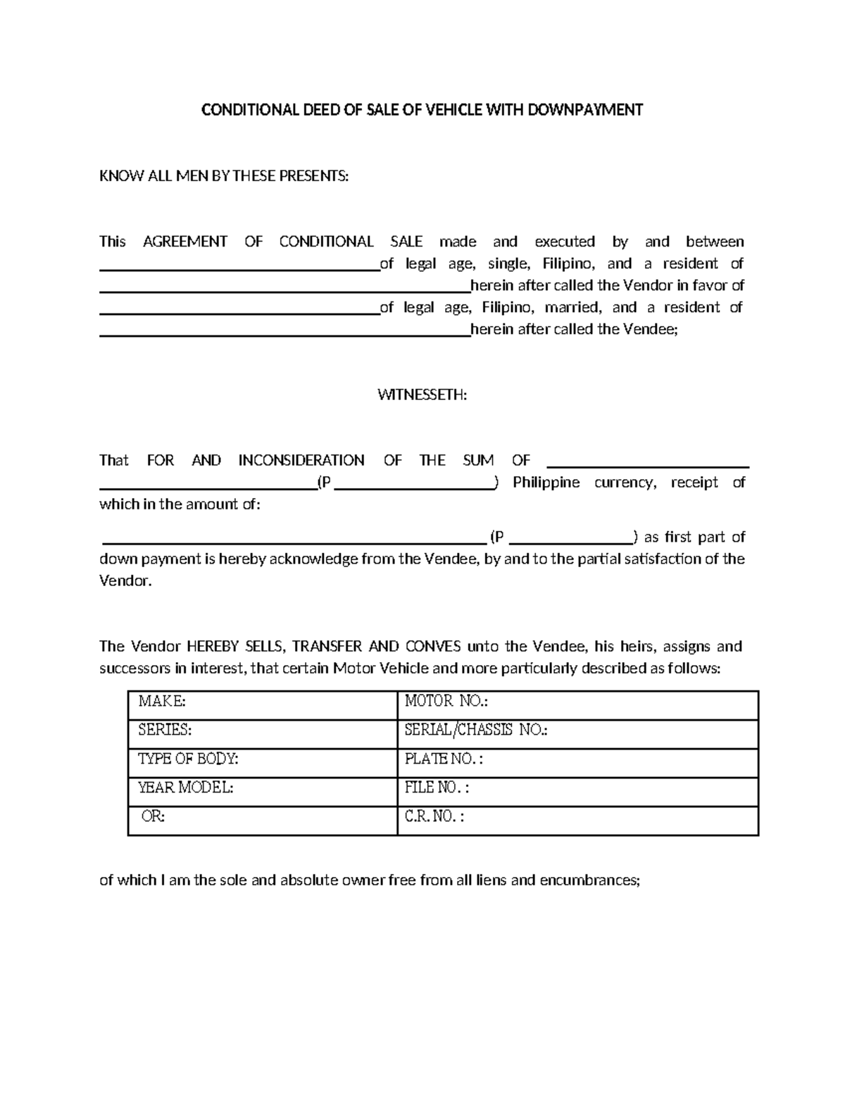 Deed of Conditional Sale - CONDITIONAL DEED OF SALE OF VEHICLE WITH ...