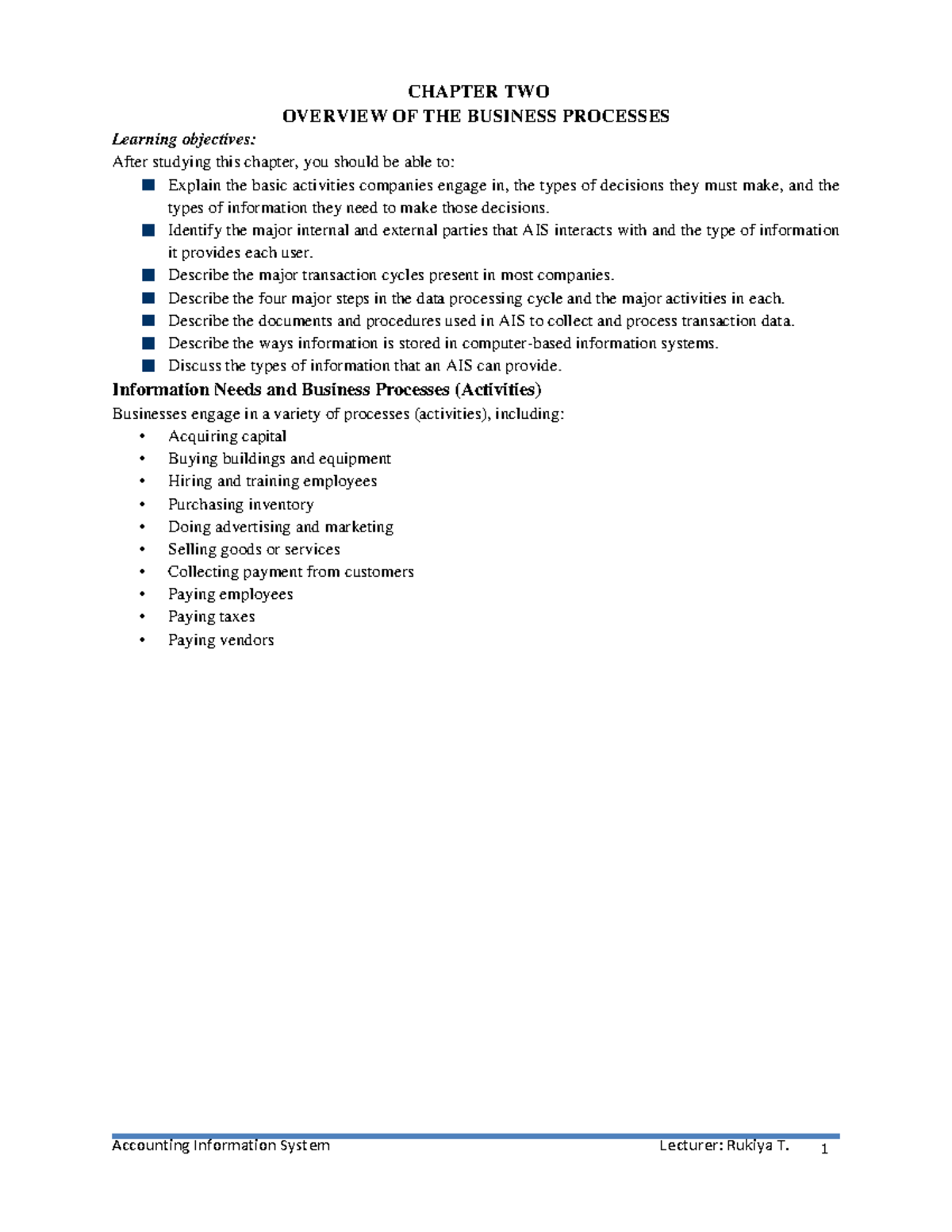 AIS - Chapter 2; Overview of The Business Processes - CHAPTER TWO ...