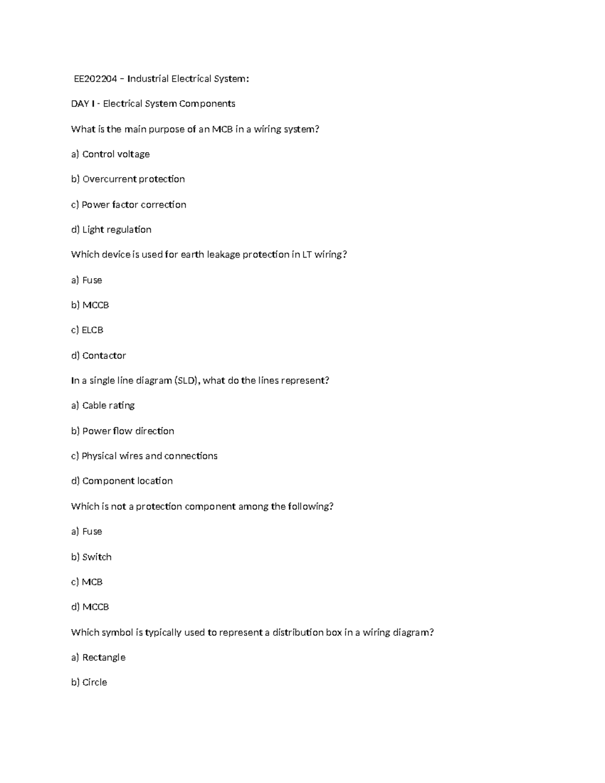 EE202204 IES MCQ Practice Material: Electrical Systems Overview - Studocu