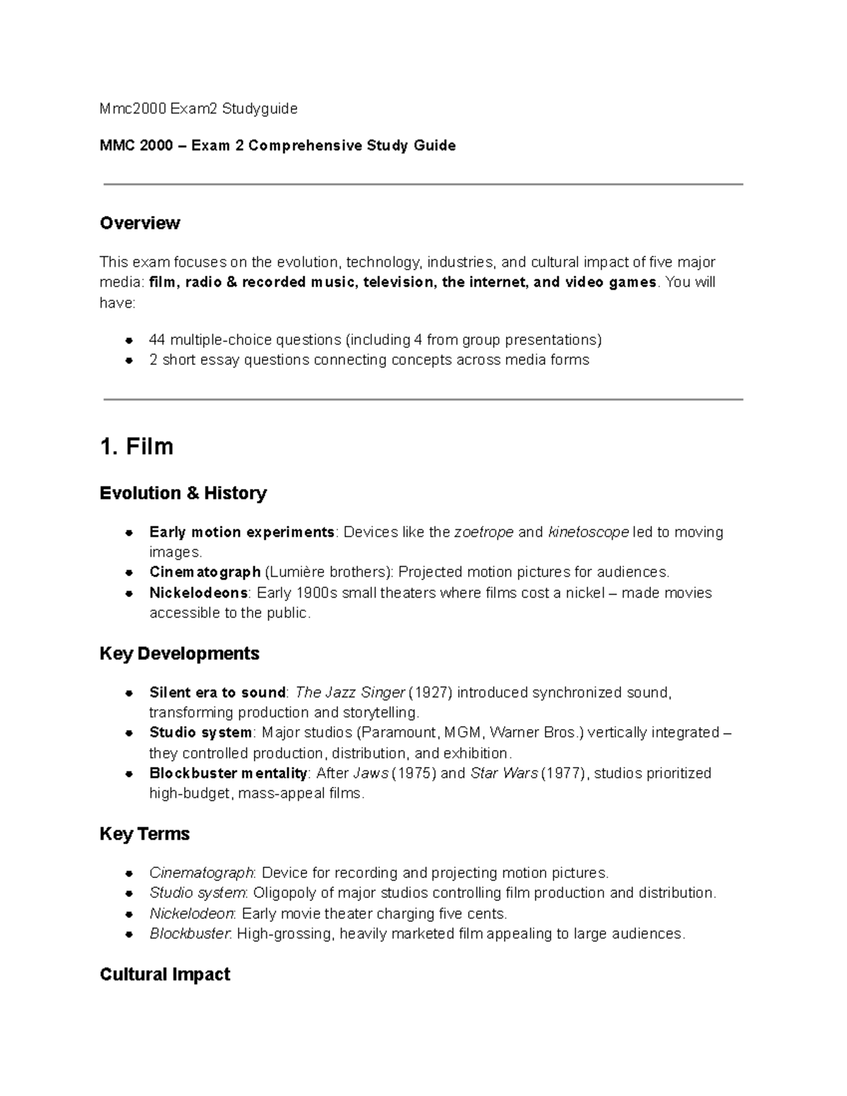 MMC 2000 - Exam 2 Comprehensive Study Guide on Media Evolution - Studocu