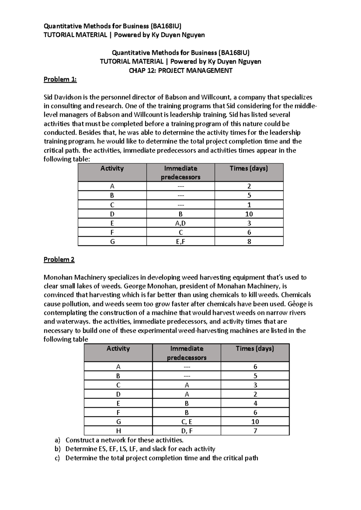 Quantitative Methods for Business (BA168IU) Tutorial: Project ...