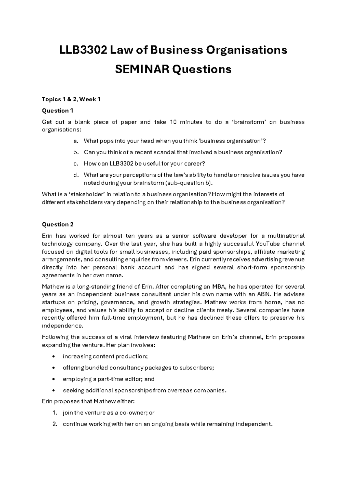 LLB3302 Seminar Questions on Business Organisations - Week 1 - Studocu