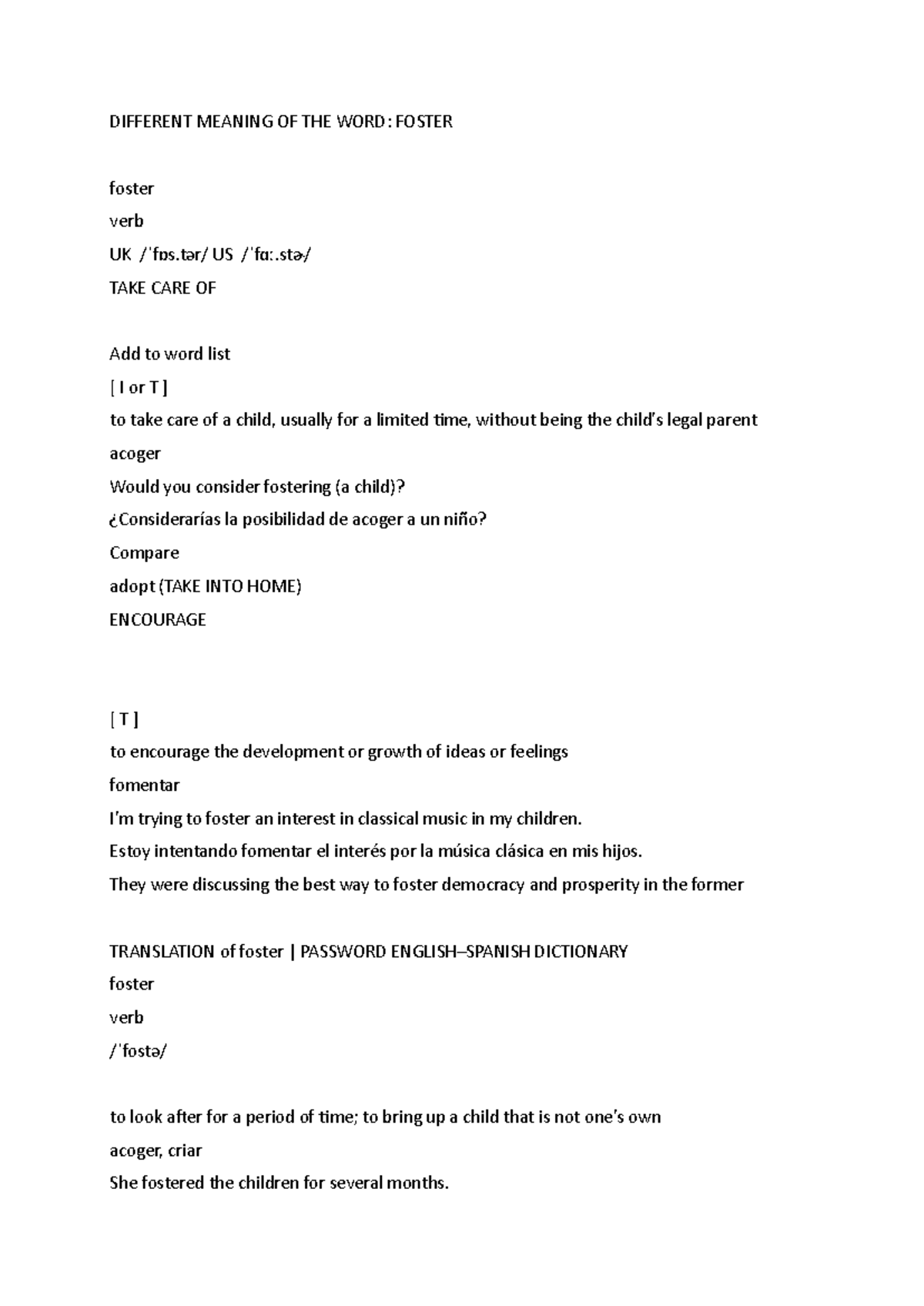 Different Meanings of the Word: Foster and Its Uses - Studocu