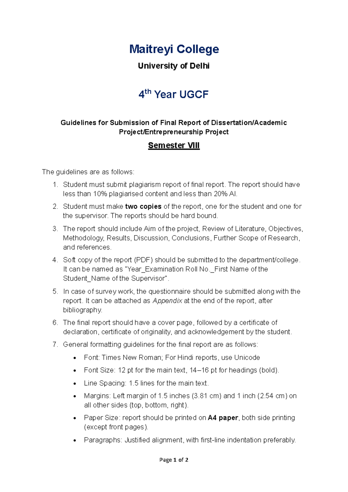 UGCF 4th Year Final Report Submission Guidelines at Maitreyi College ...