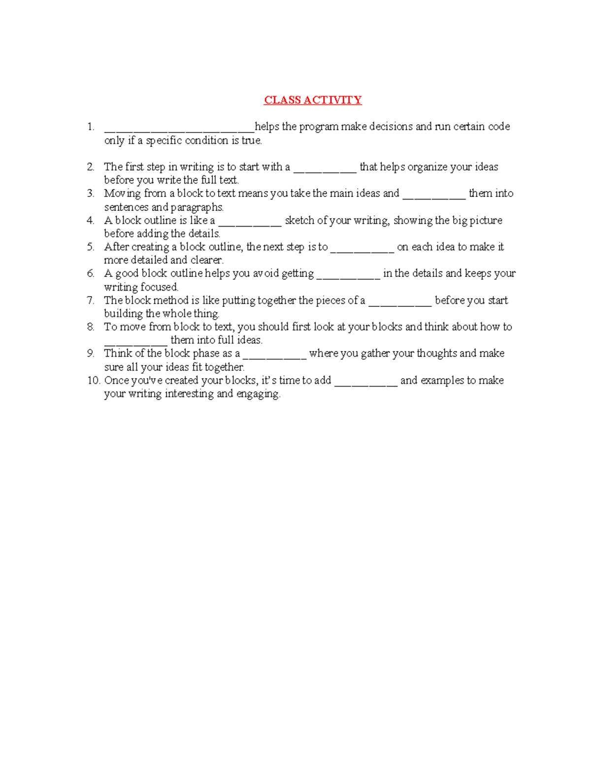G7 Class Activity 1: Block Outlining Techniques - Studocu