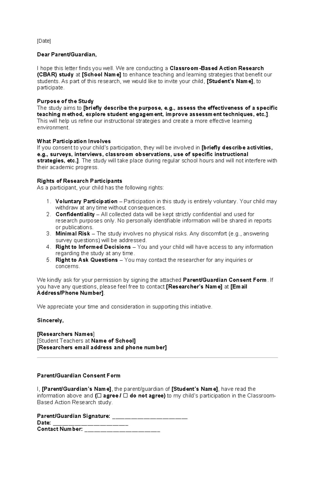 Consent Letter for Classroom-Based Action Research (CBAR) Study - Studocu