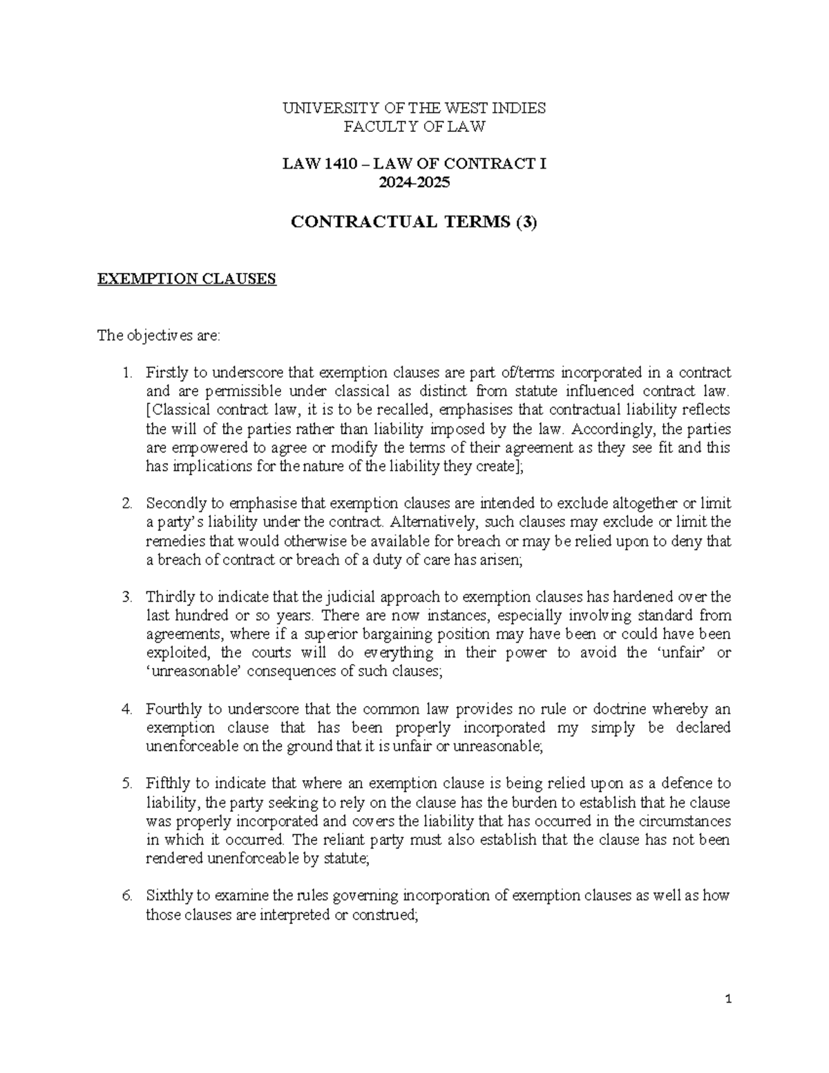 Contract I Worksheet - Exemption Clauses - 2024- 2025 - UNIVERSITY OF ...