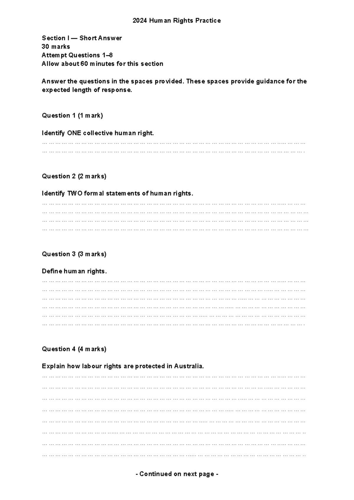 2024 Human Rights Practice Section I Short Answer Questions - Studocu