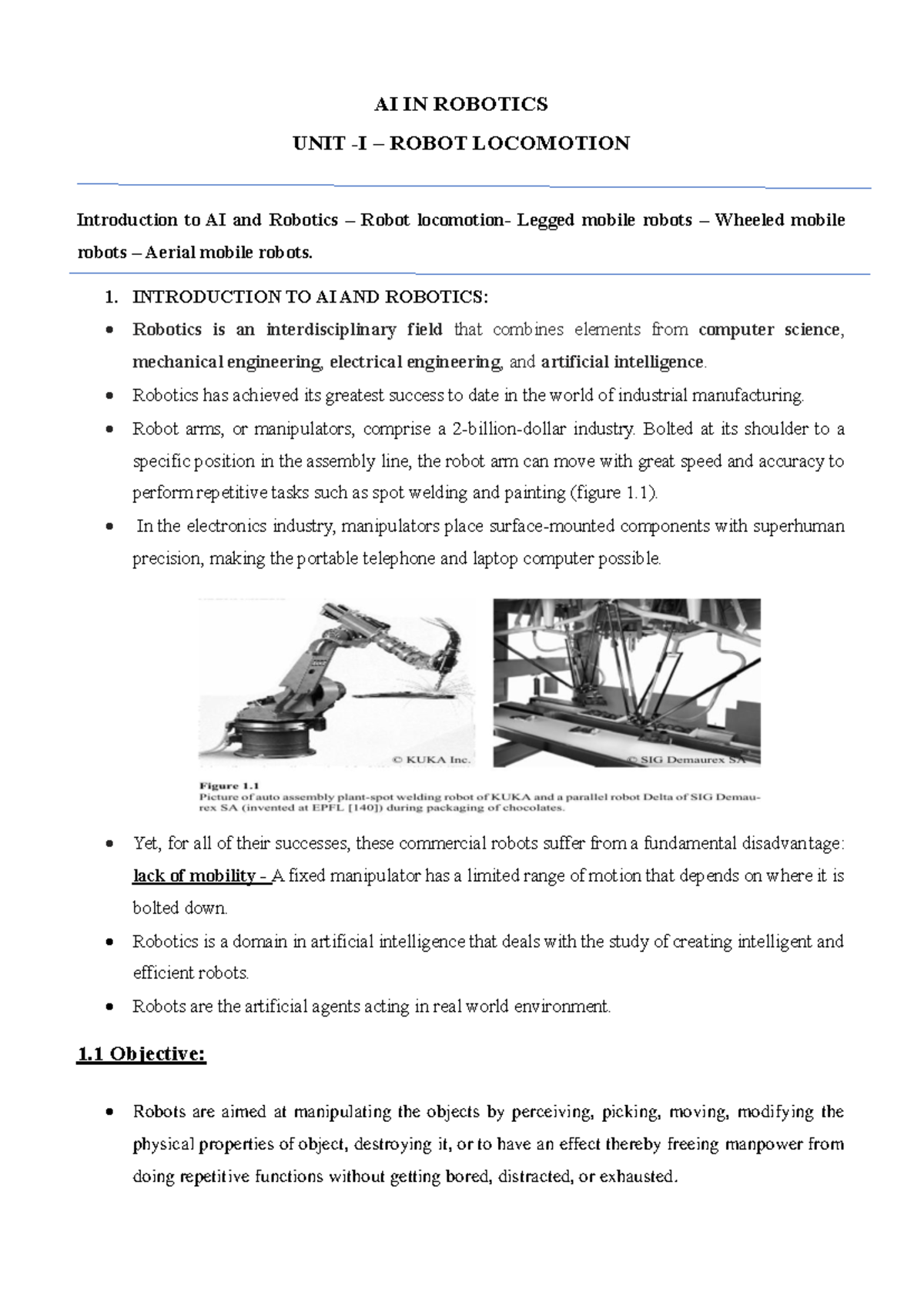UNIT - 1: AI in Robotics - Exploring Robot Locomotion and Applications ...