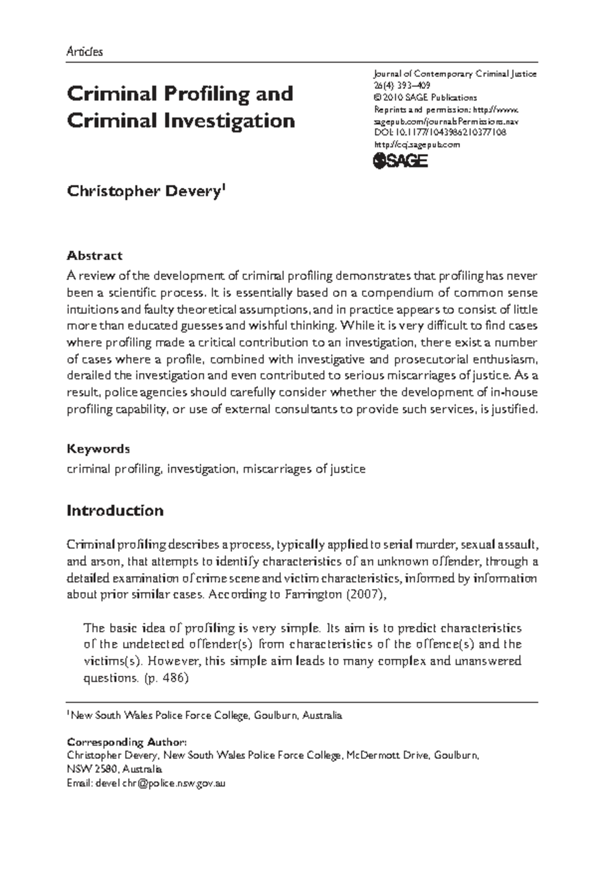 CP 2010: A Critical Review of Criminal Profiling in Investigations ...