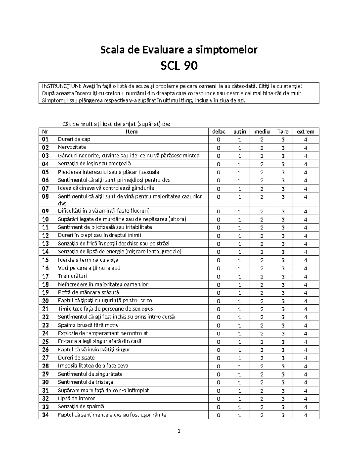 SCL 90 - Scala de Evaluare a Simptomelor: Instrucțiuni și Scoruri - Studocu