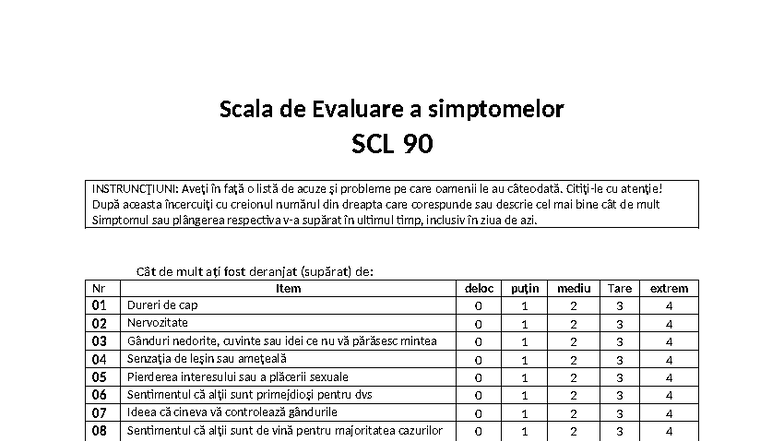 SCL 90 - Scala de Evaluare a Simptomelor: Instrucțiuni și Scoruri - Studocu