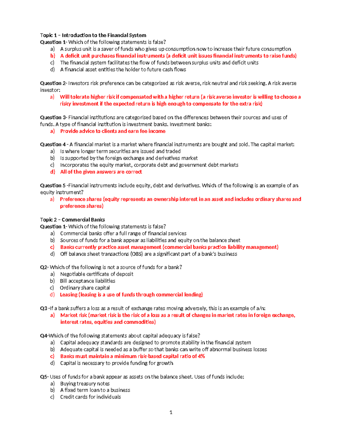 Multiple Choice Questions Practice 2024 (FINC 301) - Financial System ...