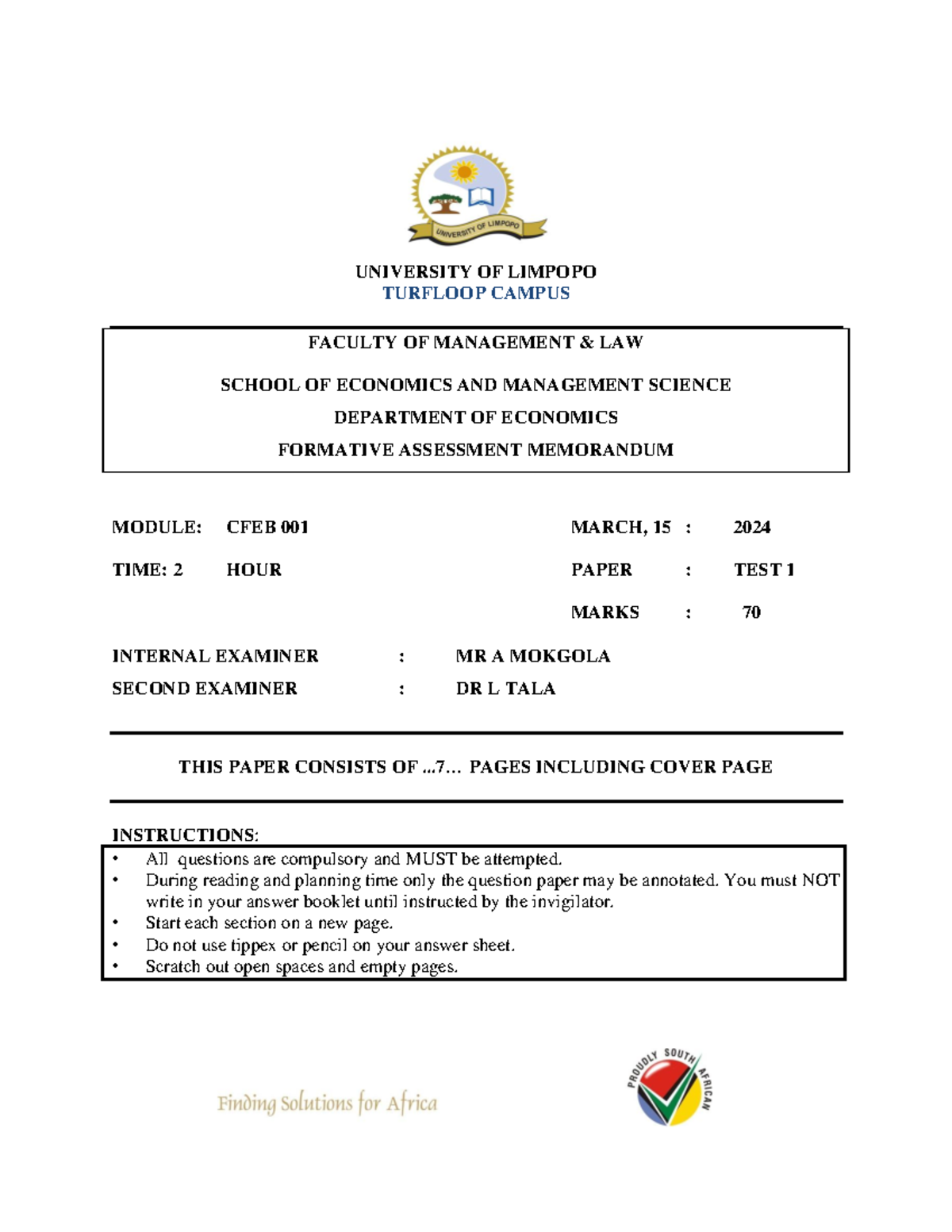 CFEB001 TEST 1 2024 FORMATIVE ASSESSMENT MEMO - Studocu