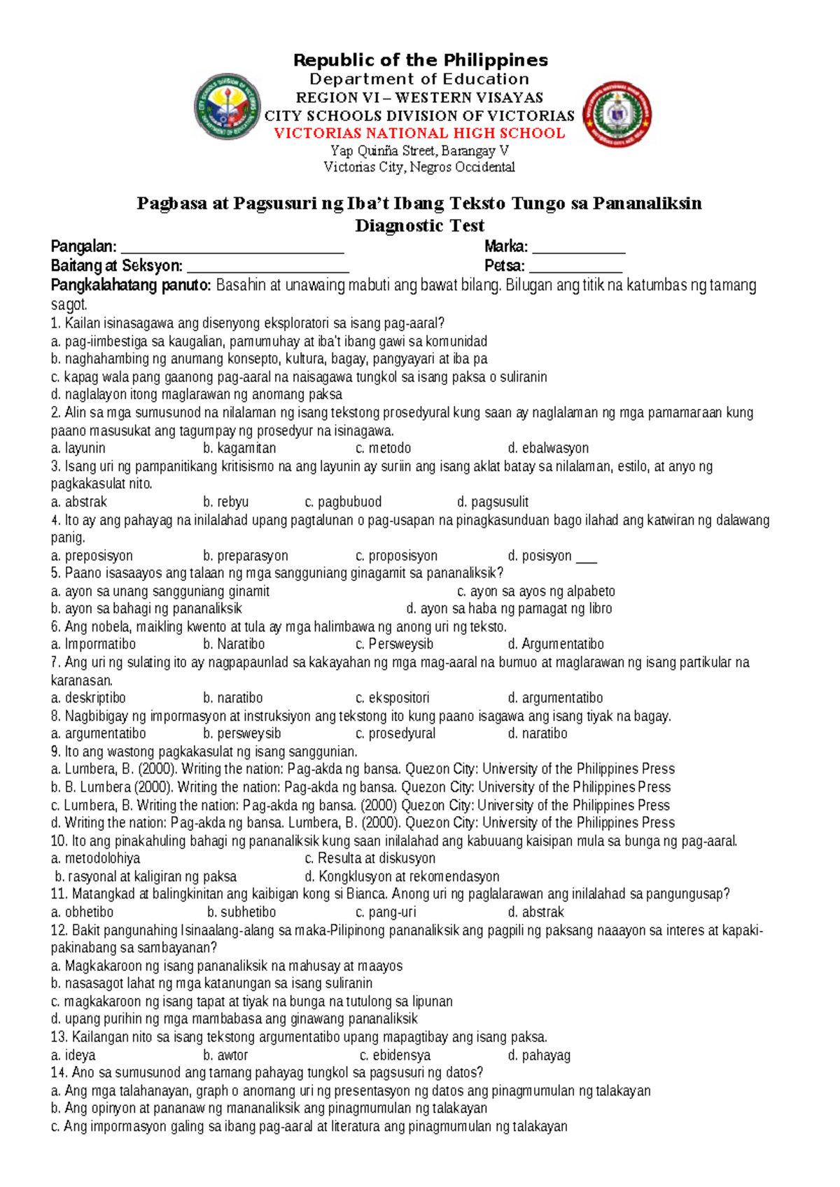 Pagbasa at Pagsusuri ng Iba’t Ibang Teksto: Diagnostic Test - Studocu