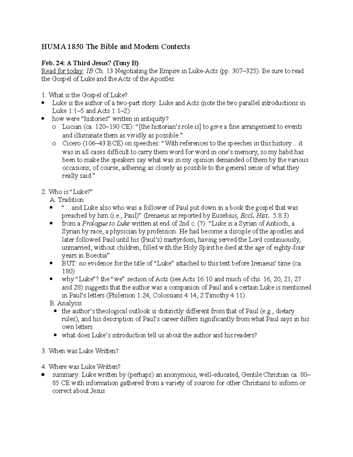 HUMA1850 2020 Lecture Outline: Exploring Luke-Acts Themes and Contexts ...
