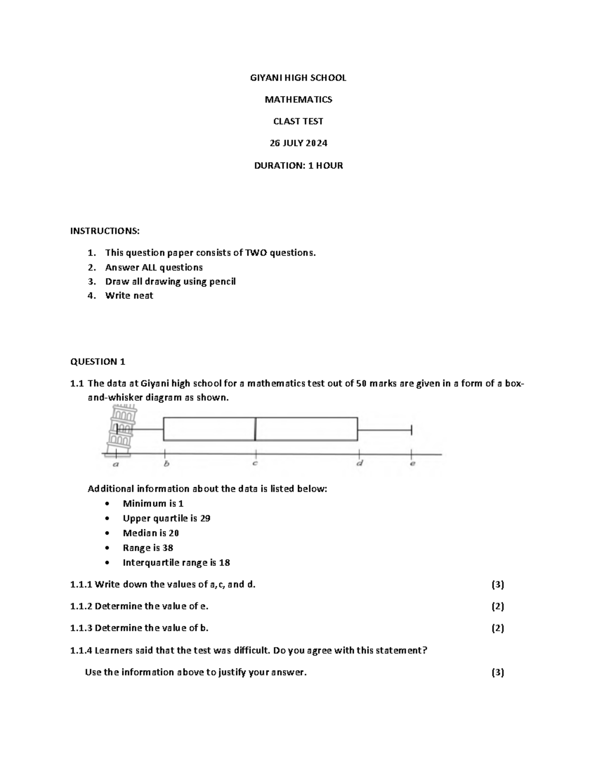 Class test - GIYANI HIGH SCHOOL MATHEMATICS CLAST TEST 2 6 JULY 2024 ...