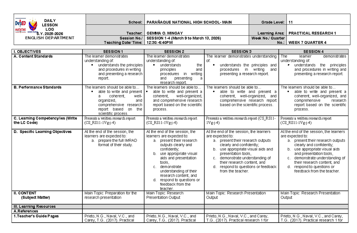 Q2WK-7 Daily Lesson Log for Practical Research 1 by Gemma O. Mingay ...