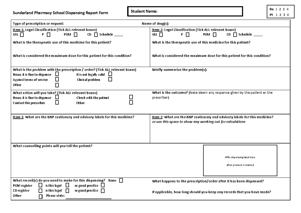 Sunderland Pharmacy School Dispensing Record Form: Patient Rx Details ...