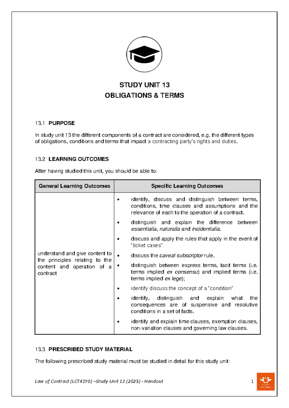 Law of Contract (LCT41Y0) Unit 13: Obligations and Terms Overview - Studocu