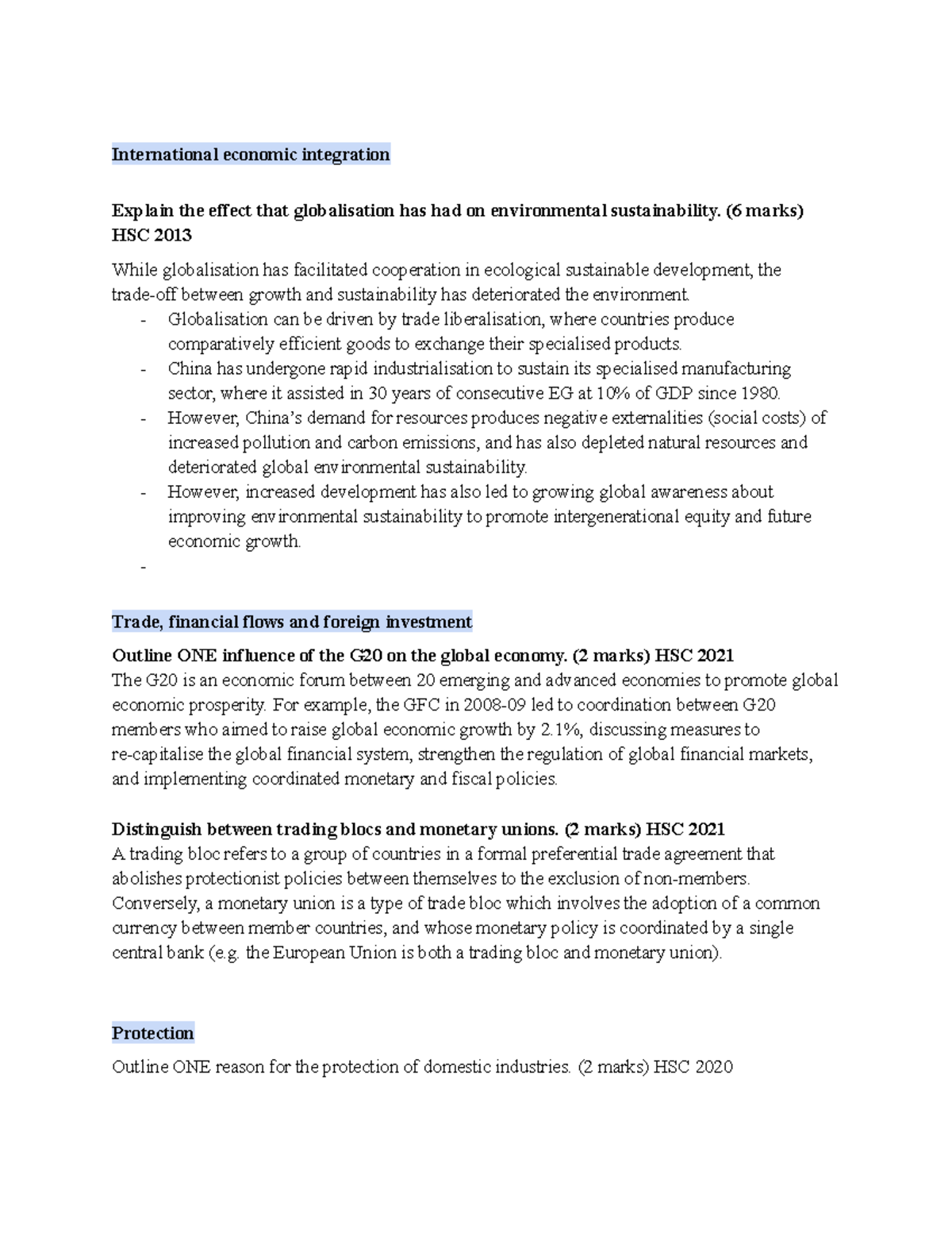 HSC 2013-2022 Economic Integration & Globalisation Short Answer Notes ...