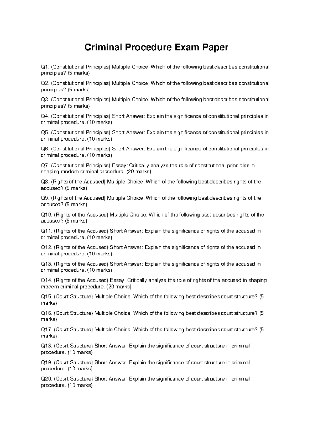 Criminal Procedure Exam Paper: Constitutional Principles & Rights - Studocu