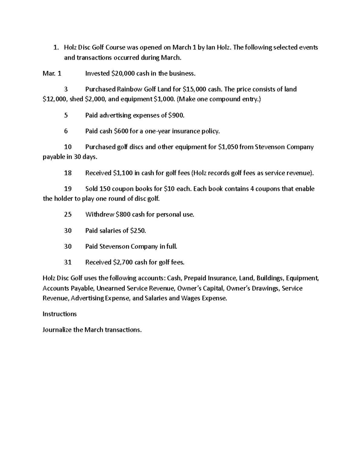 Homework - Chapter 2 - Journalizing Transactions for Holz Disc Golf ...