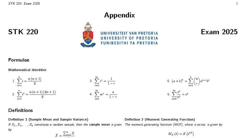 STK 220: Exam 2025 Formulae and Theorems Appendix - Studocu
