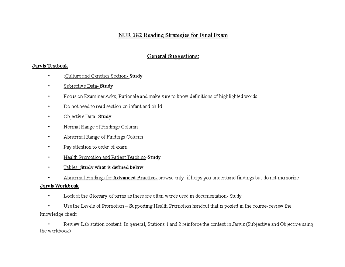 Final Exam Study Guide for NUR 382: Reading Strategies and Key Concepts ...
