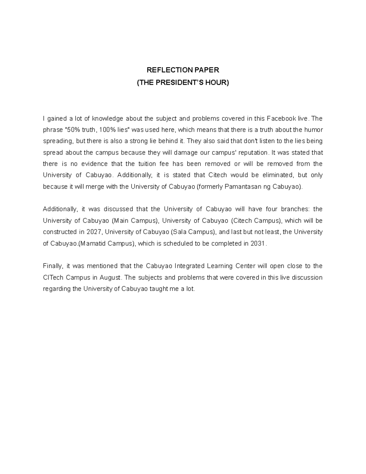 - Reflection Paper - REFLECTION PAPER (THE PRESIDENT’S HOUR) I gained a ...