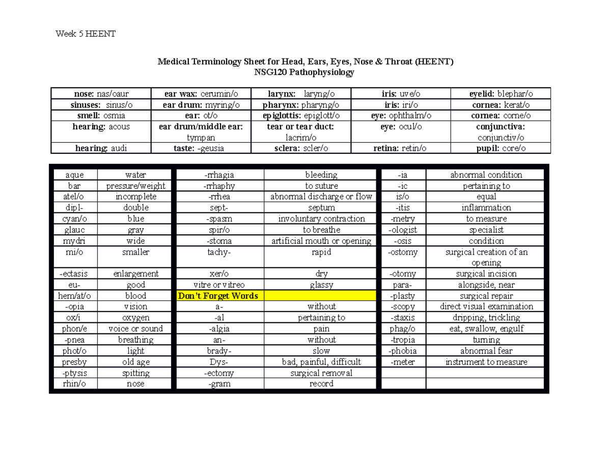 NSG120 Medical Terminology Sheet for HEENT Module 5 - Studocu